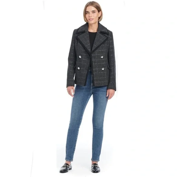 NWT Kate Spade Coat Sparkle Houndstooth Peacoat Cropped Metal Buttons Black Grey - Picture 1 of 7